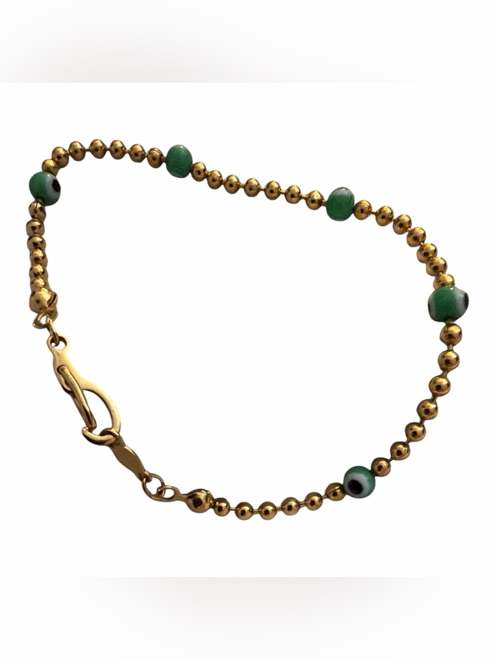 Gold Beaded Bracelet with Green Evil Eye Accent Beads